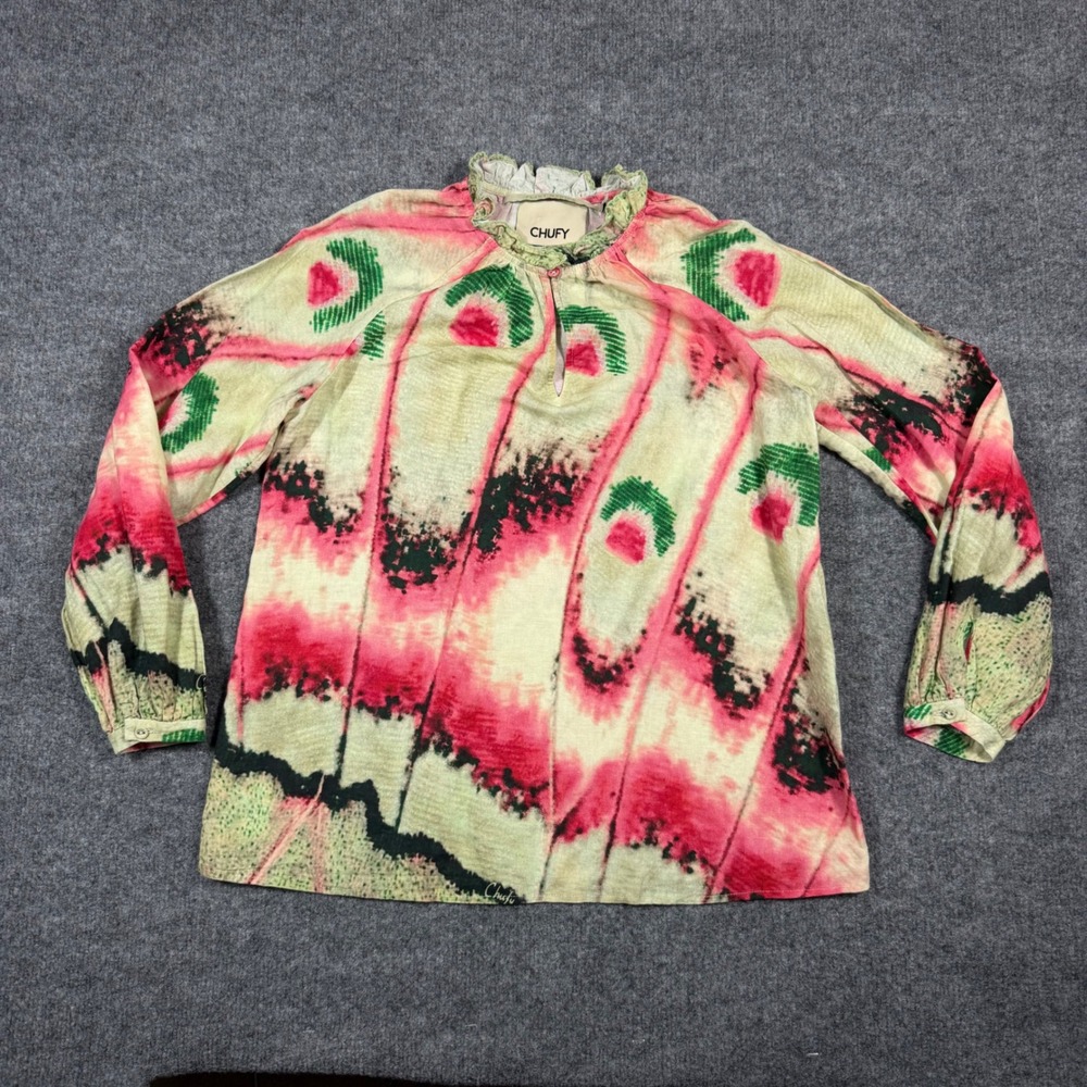 Chufy Plant Magick Ruffle Neck Blouse XS Pink Green Cotton Linen Abstract EUC
